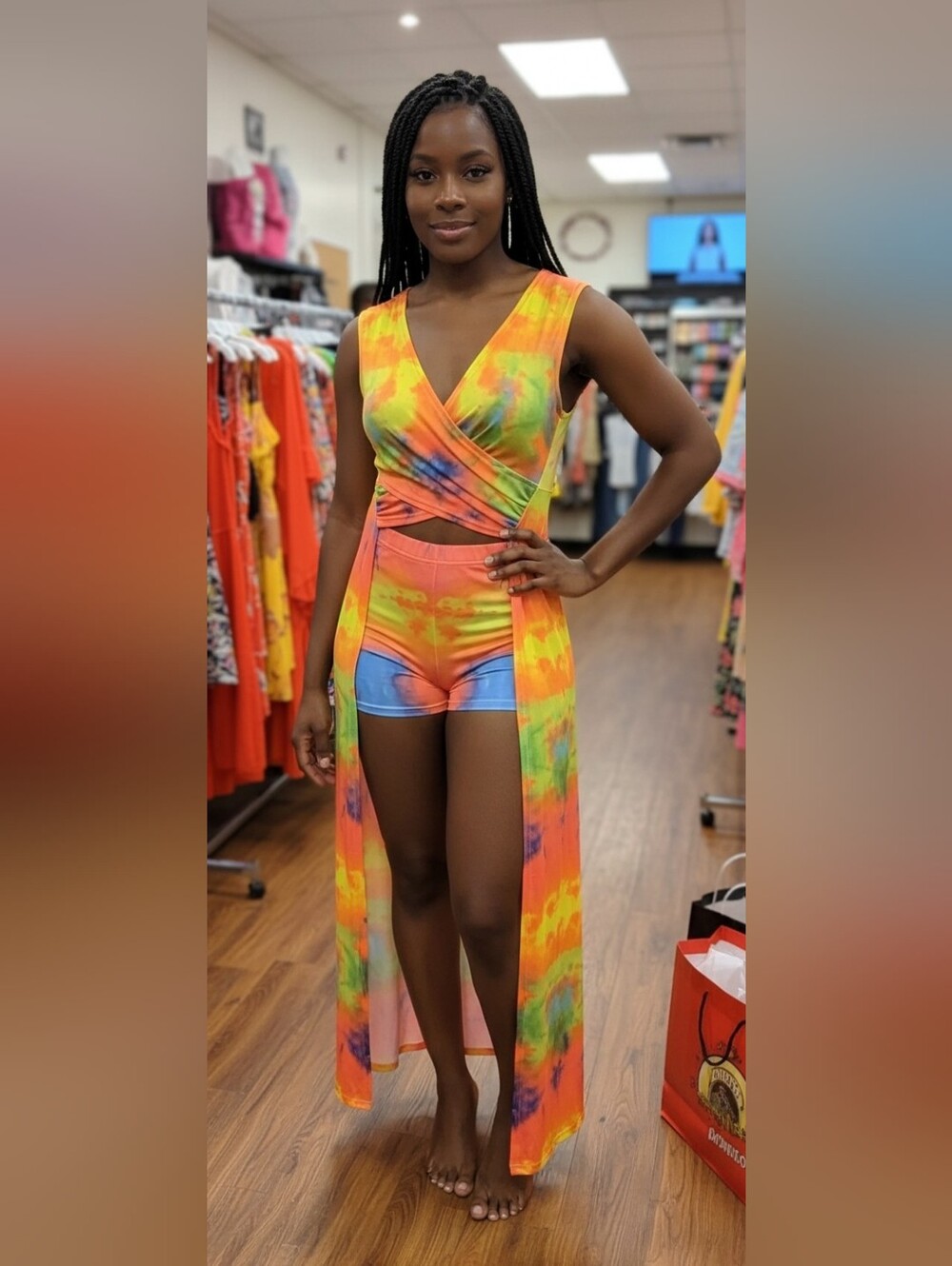 Tie-Dye Two-Piece Duster Set in Orange, Yellow & Blue